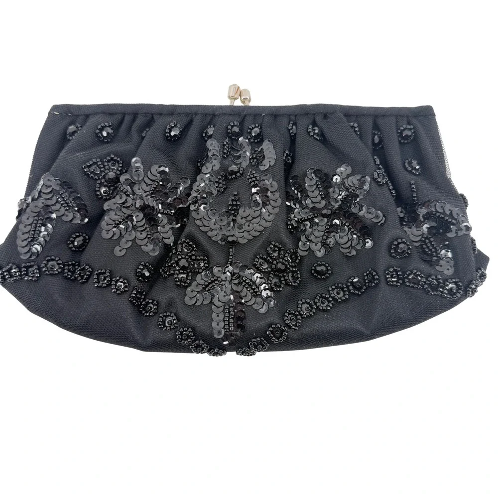 Franchi Women Black Beaded Sequin Floral Evening Clutch Bag Kiss Lock Rhinestone